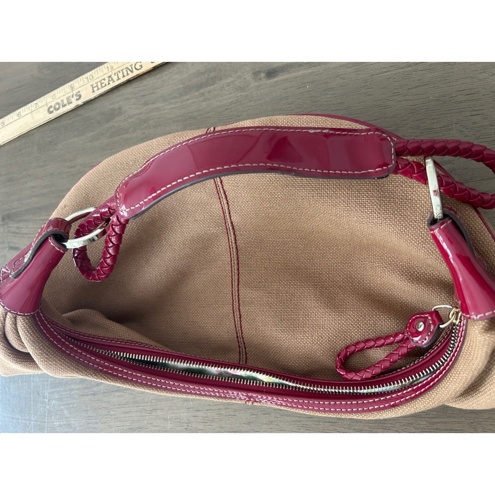 Liz Claiborne Tan Canvas Burgundy Patent Leather Braided Strap Hobo Bag - Picture 6 of 9